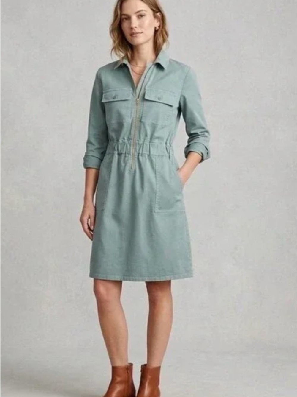 J. Crew Long-Sleeve Zip-Front Chino Dress in Faded Fatigue Sage Women’s Size 8